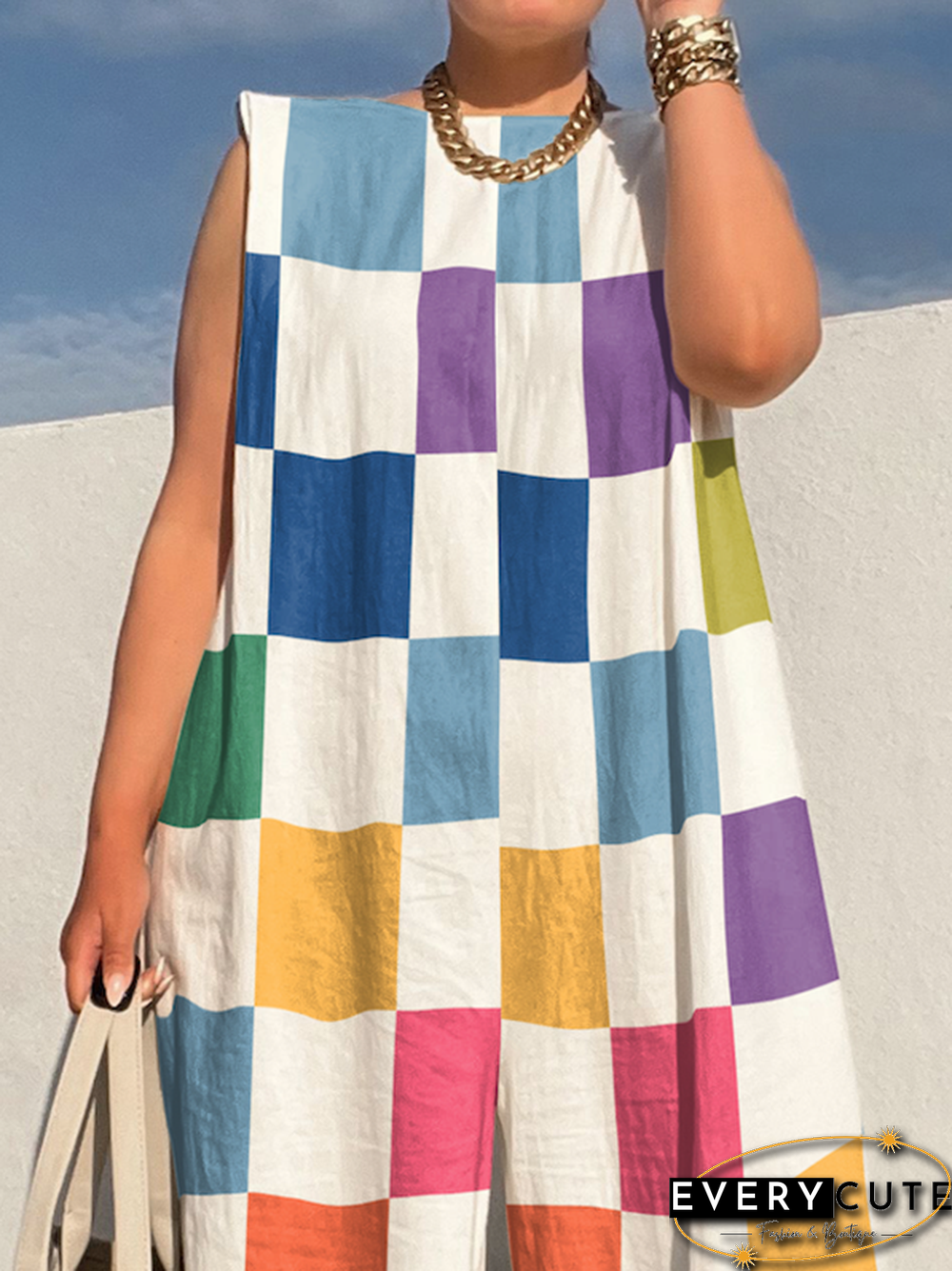 Loose Sleeveless Contrast Color Plaid Jumpsuits