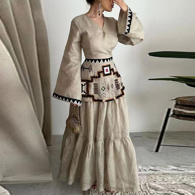 Beyprern Vintage Ethnic Style Print Patchwork Women Dress Casual Cotton Linen Loose A-Line Dress Lady V-Neck Flare Sleeve Boho Maxi Dress
