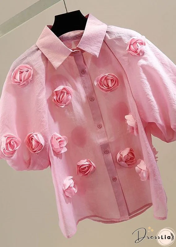 Pink Patchwork Tulle Blouses Peter Pan Collar Floral Decorated Summer