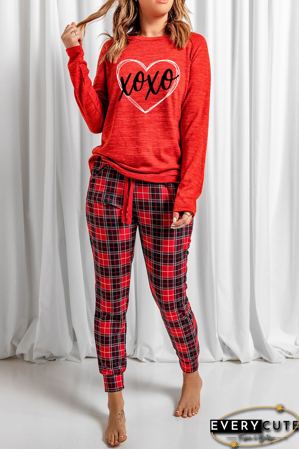 Red XOXO Heart Shaped Print Top and Plaid Pants Lounge Wear