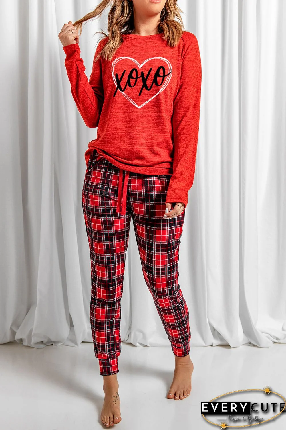 Red XOXO Heart Shaped Print Top and Plaid Pants Lounge Wear
