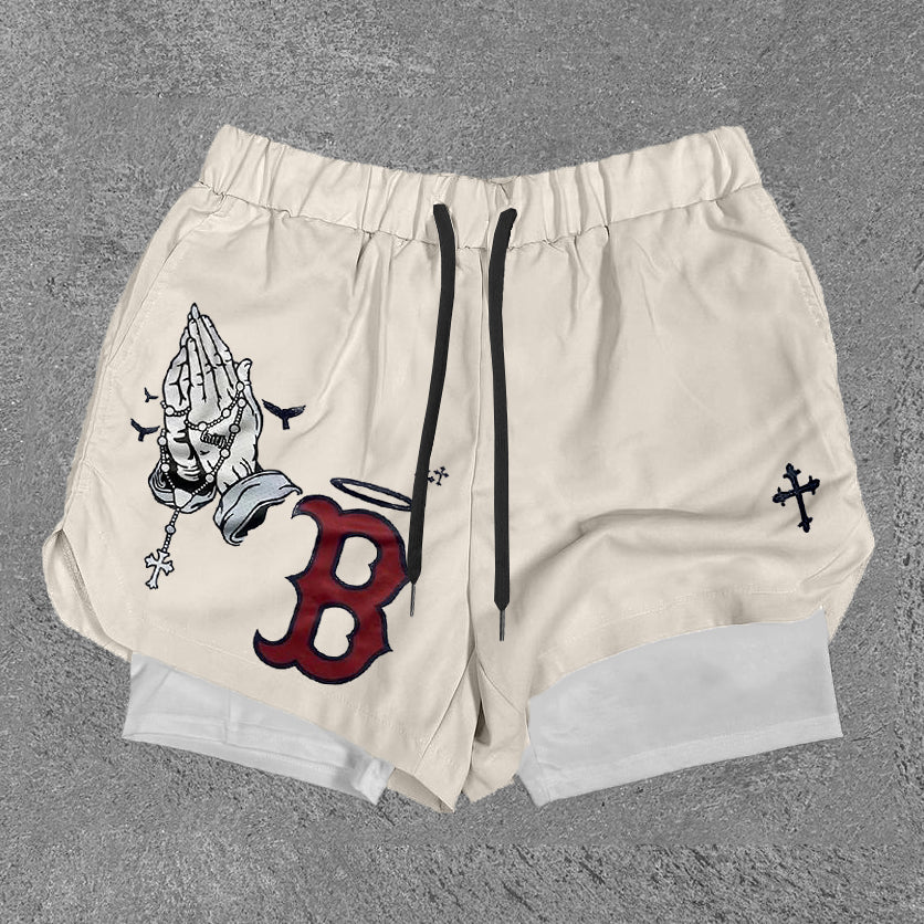 Sopula Vintage Praying Hands & B Graphic Performance Double Layer Quick Dry Shorts - SOPULA