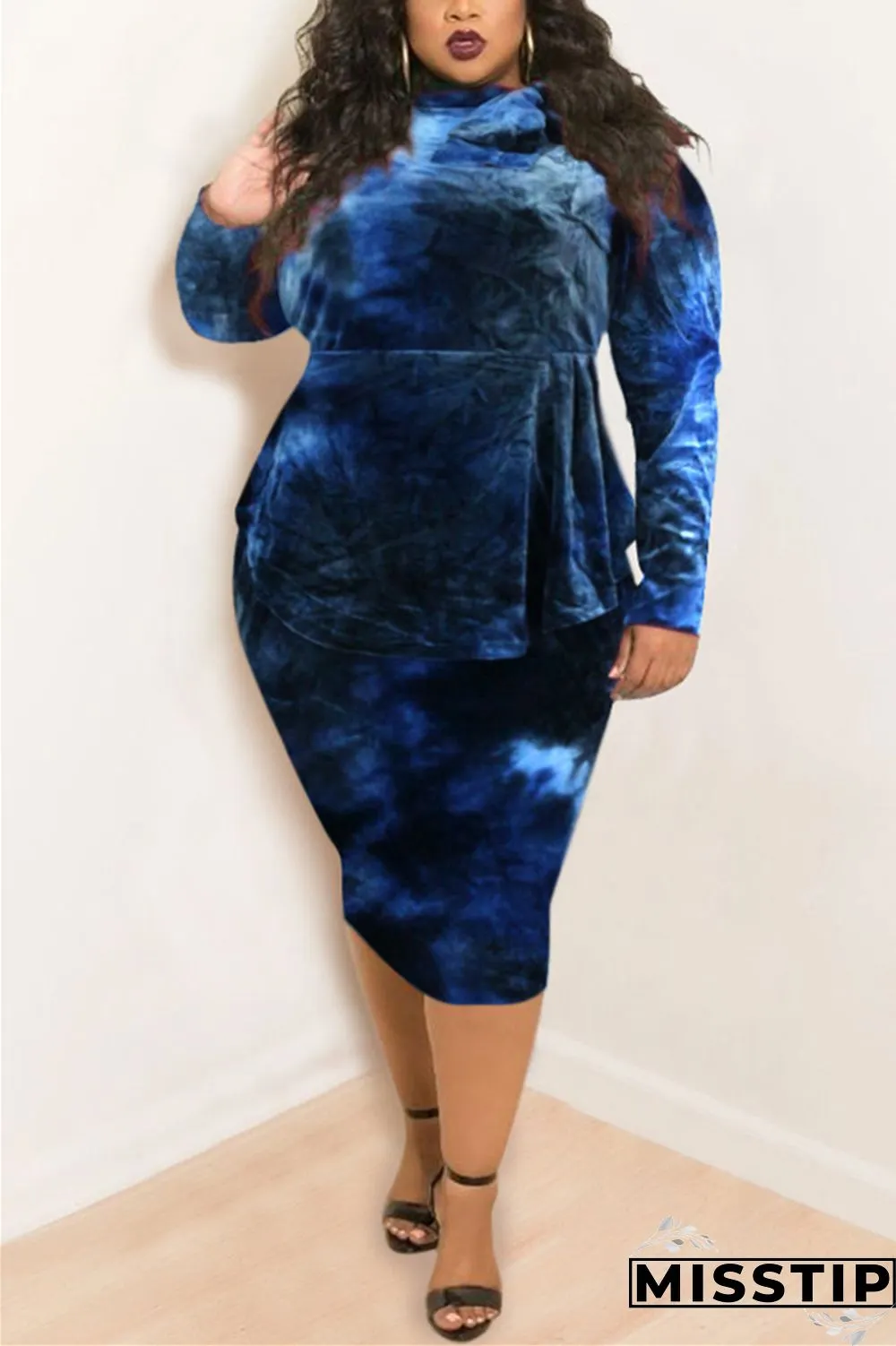 Purple Fashion Casual Plus Size O Neck Long Sleeve Regular Sleeve Print Tie Dye Printed Dress