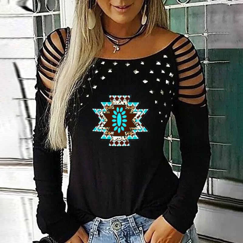 Ethnic Style Geometric Print Hollowed Out Hot Diamond T-Shirt