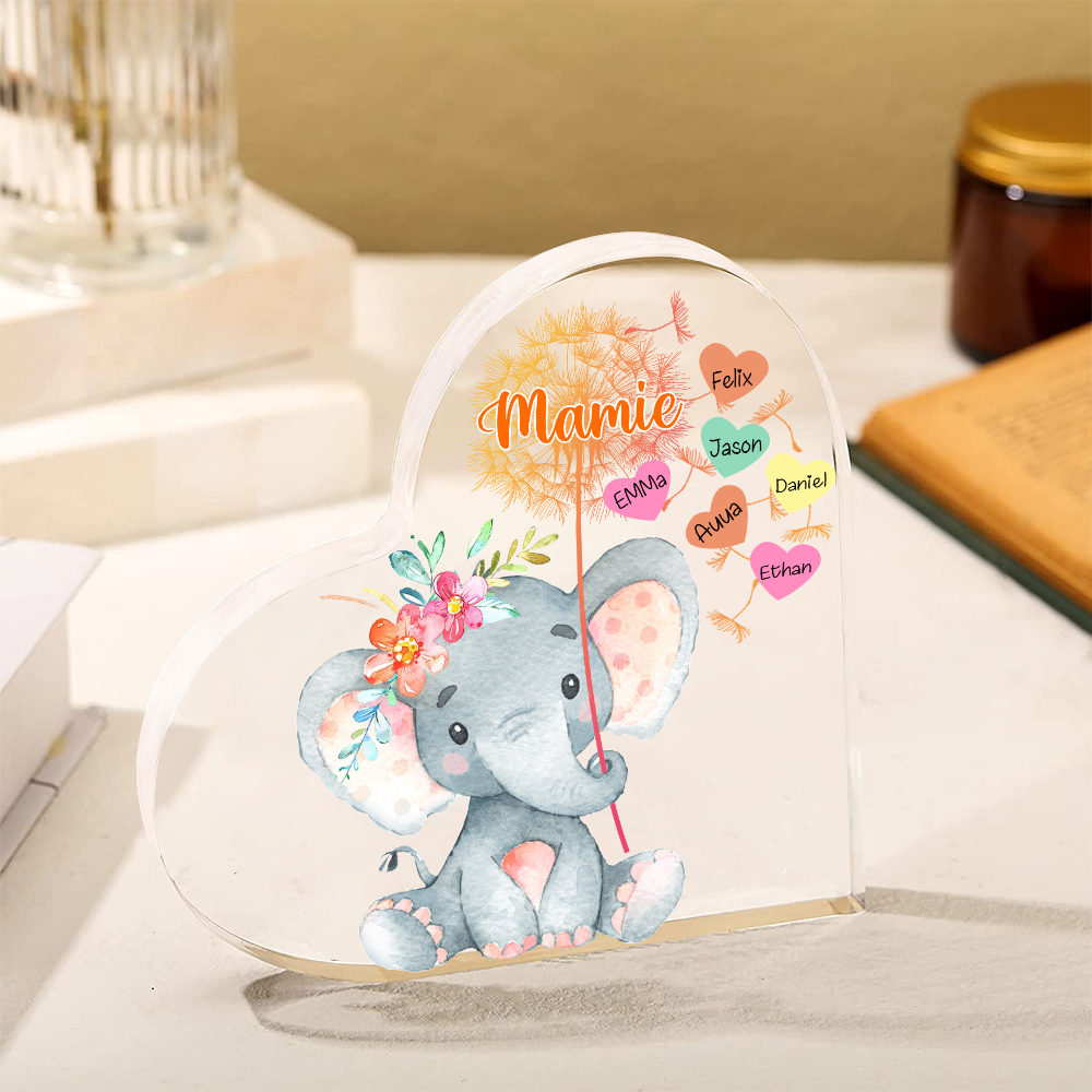 À ma Mamie - Plaque Acrylique Éléphant en Forme de Cœur 6 Prénoms Personnalisés