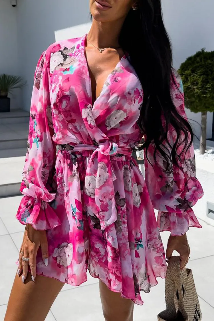 Casual Vacation Zebra Print Flowers Lace Up Contrast V Neck Loose Rompers(3 Colors)
