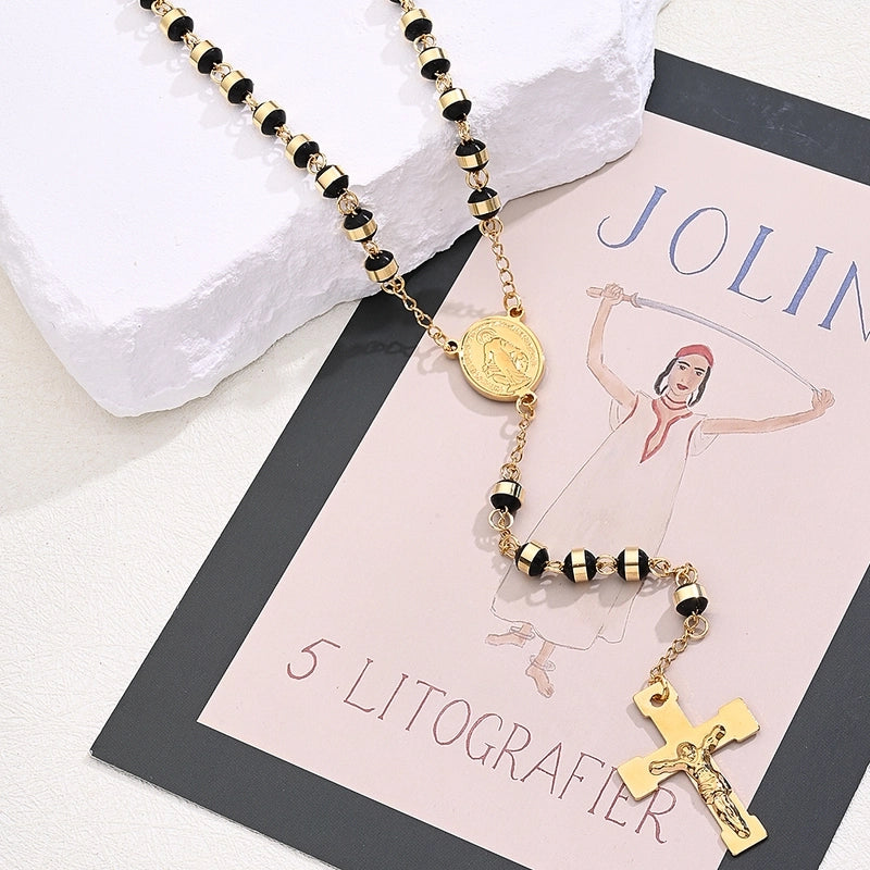 304 Stainless Steel Silica Gel 18K Gold Plated Beaded Polishing Plating Cross Virgin Mary Oval Sweater Chain Long Necklace Necklace