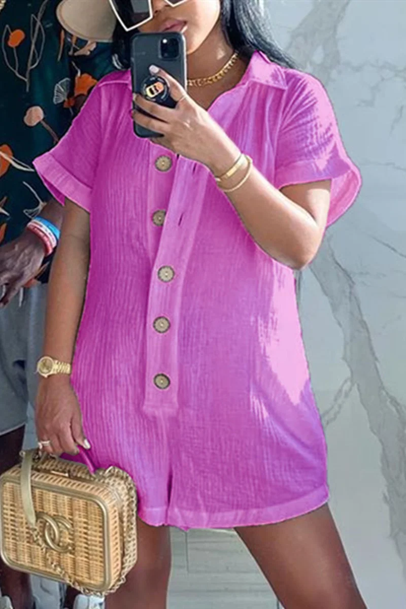 fuchsia Casual Solid Draped Blend Short Sleeve Half-Open collar Jumpsuits | EGEMISS