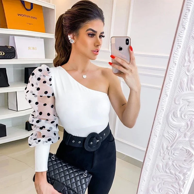 hirigin New Women One Shoulder Blouse Sexy Dots Puff Sleeve Shirts Spring Summer Office Lady Skew Collar Tops Slim Blouse