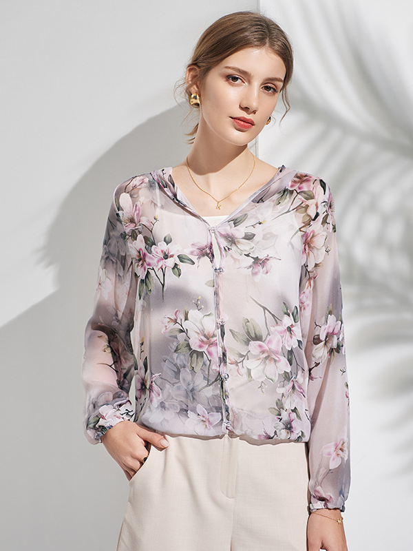 Silk Hooded Cardigan Printed REAL SILK LIFE