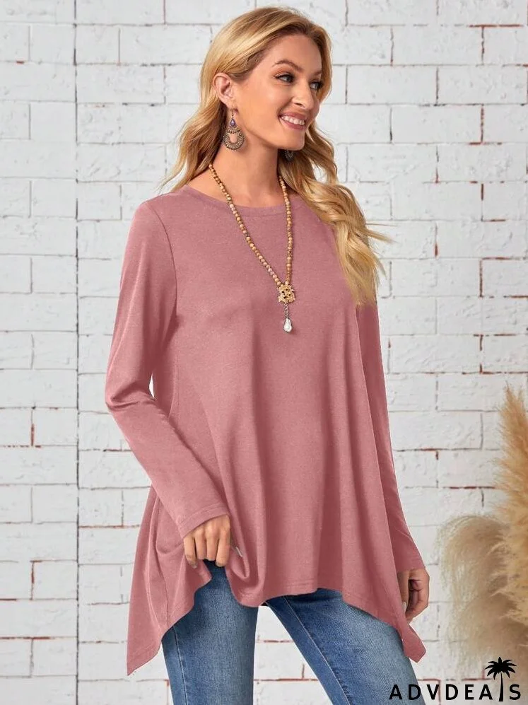 Women'sPlain Round Neck Long Sleeve Asymmetric Hem Casual T-Shirt, Spring & Summer