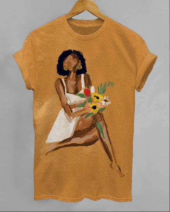 Brown Girl with Sunflower Print Crew Neck Short Sleeve Shirt