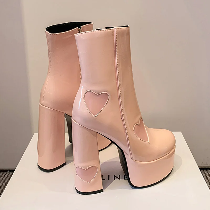 140mm Square Toe Chunky High Heels Platform Heart Embedded Pattern Patent Boots-MERUMOTE