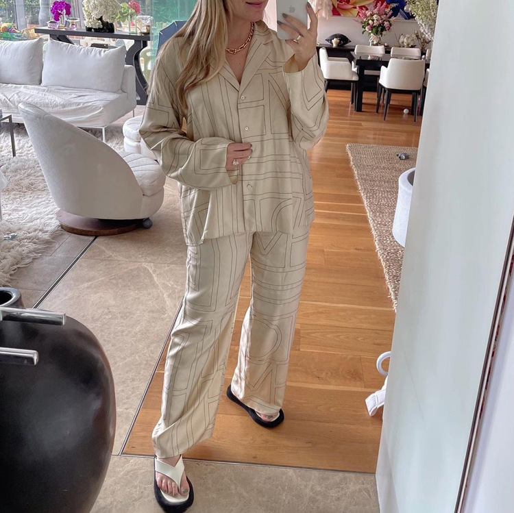 Ootddress Casual Patchwork Printed 2 Piece-Set For Women Trousers Fashion Lapel Shirts Nightwear Slim High Waist Women's Pants Sets