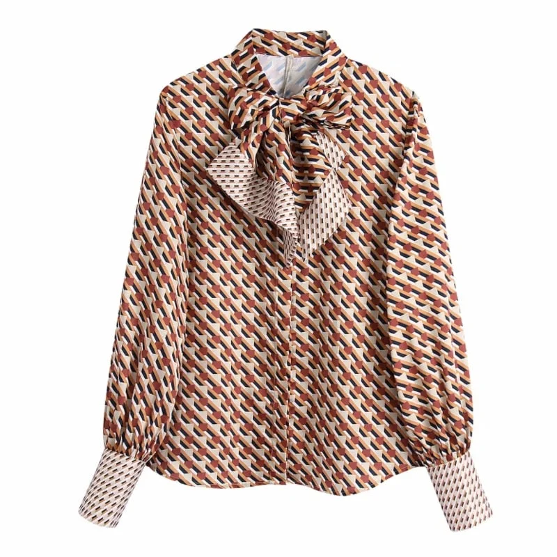 Hot Sale Women Geometric Printing Stand Collar Bow Tie Shirt Female Long Sleeve Blouse Casual Lady Loose Tops Blusas S9396