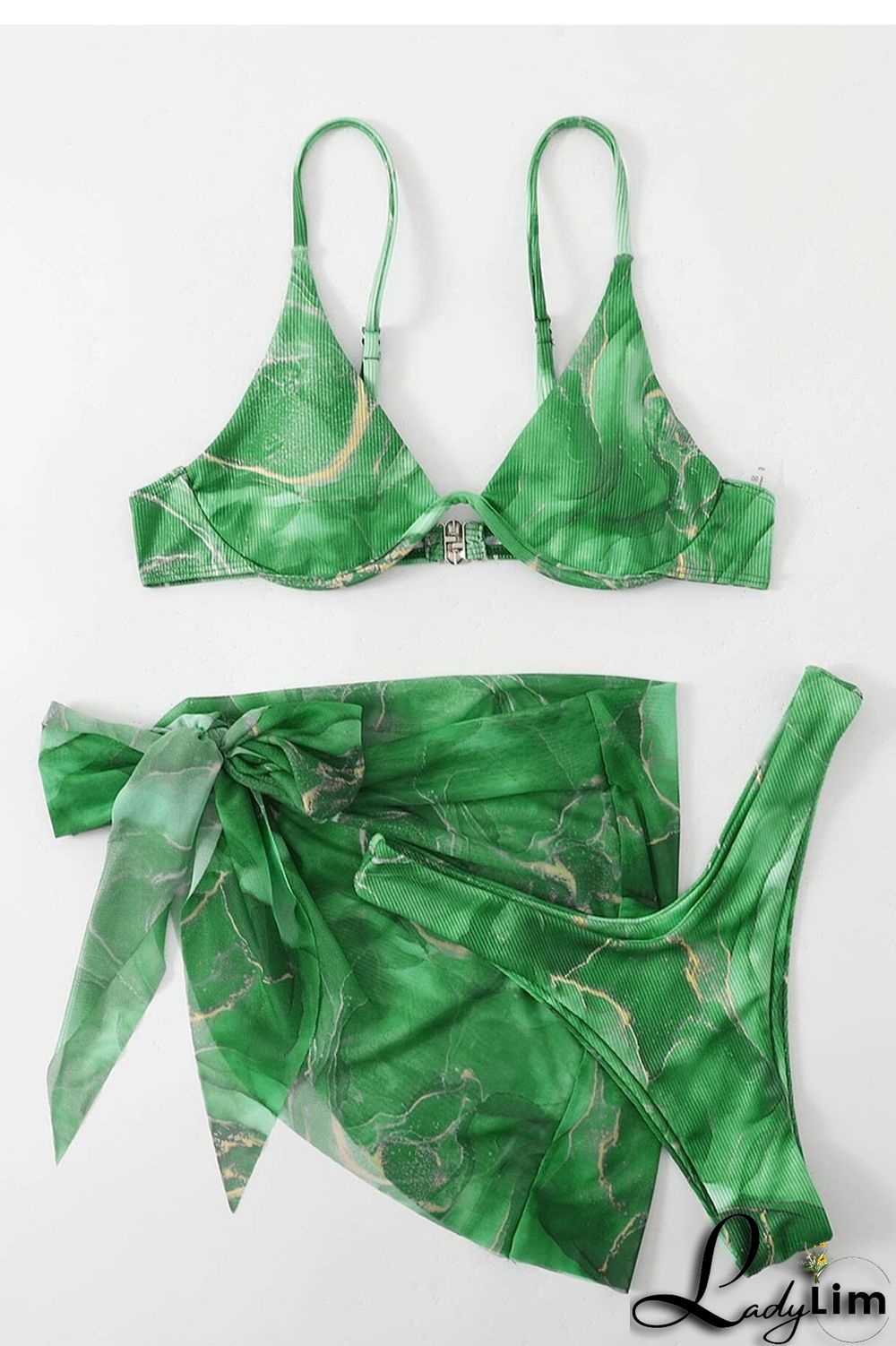 Ink Green Sexy Print Bandage Patchwork Asymmetrical 3 Piece Sets