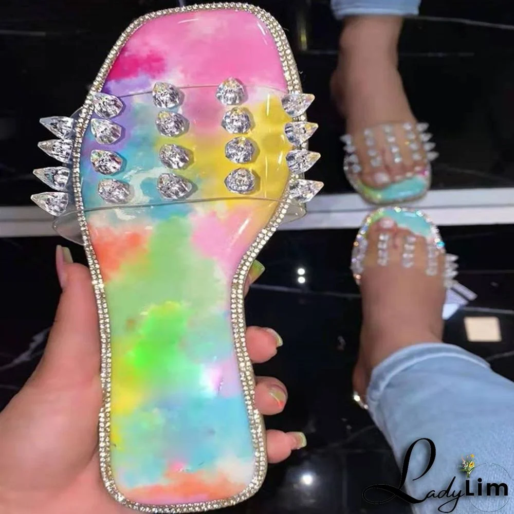 New Women's Shoes Colorful Crystal Flat Slippers