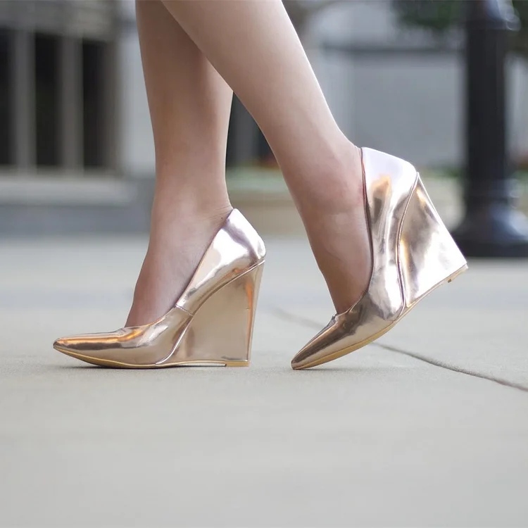 Champagne Closed Toe Wedges Metallic Heels Pumps for Women |FSJ Shoes