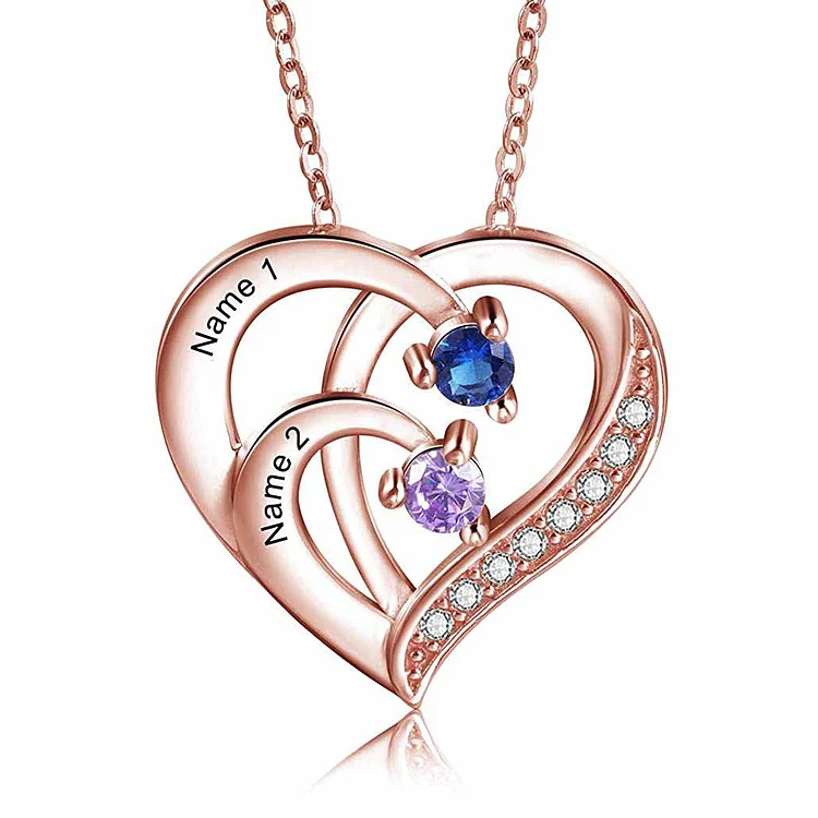 Personalized Mother Necklace 2 Stones Engraved 2 Names Birthstone Intertwined Heart Pendant