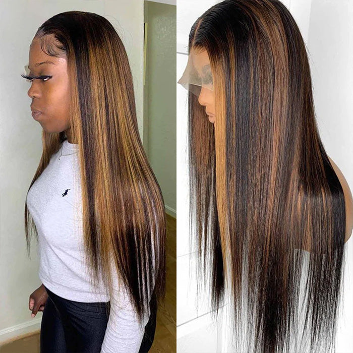 200% Density Balayage 1b Highlight Straight Lace Frontal Wigs Human Hair Pre Plucked Hairline