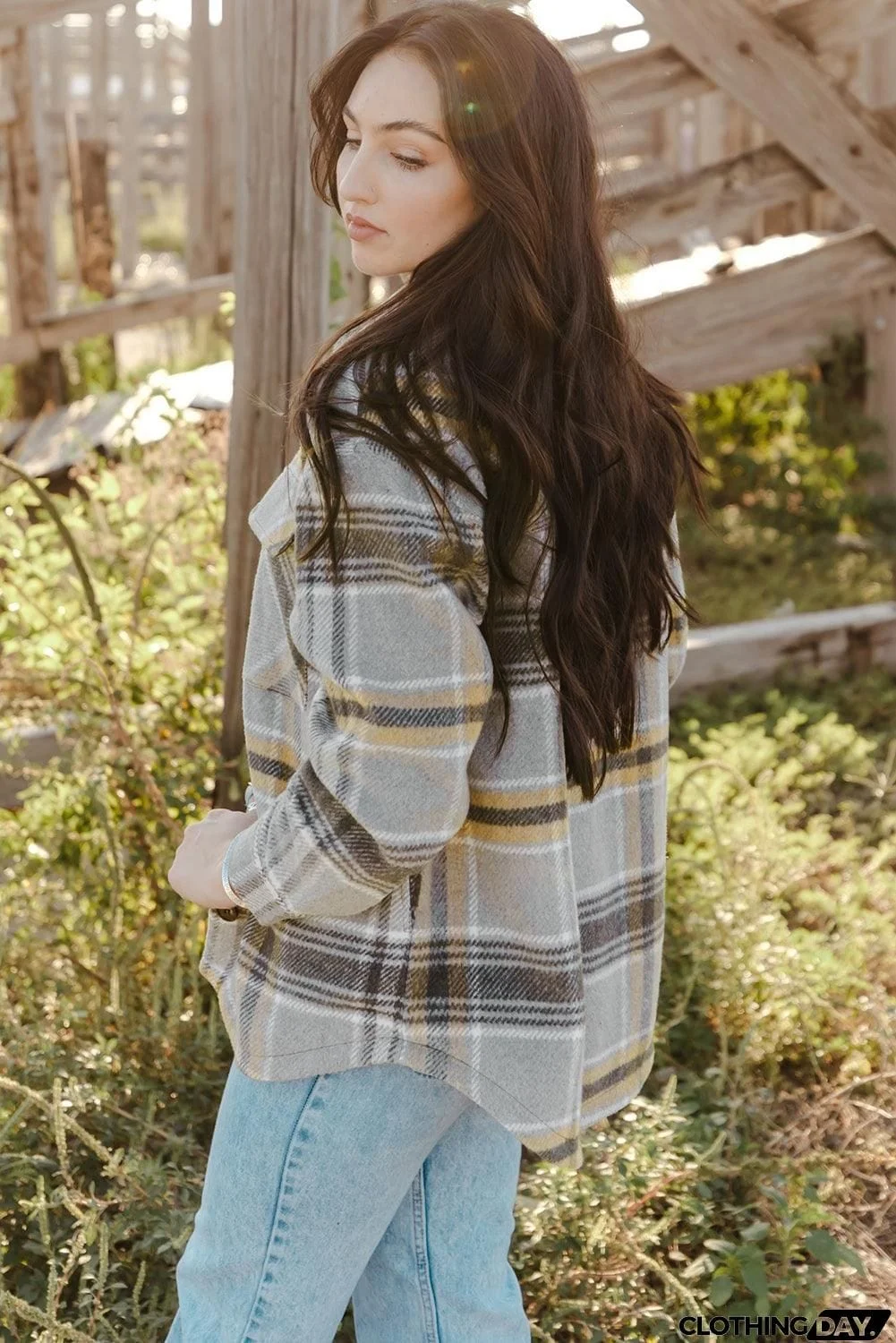 Plaid Button Front Curved Hem Shacket with Pockets