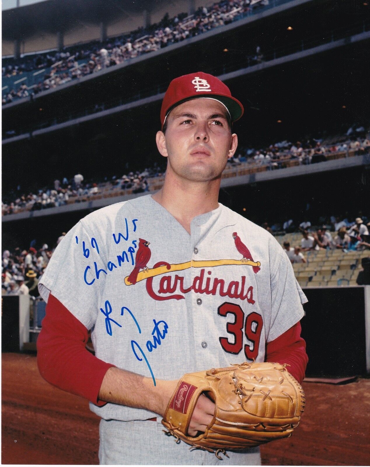 LARRY JASTER ST. LOUIS CARDINALS 1967 WS CHAMPS ACTION SIGNED 8x10