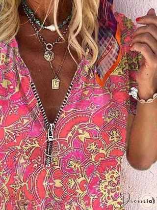 Printed Zipper V-neck Loose Short Sleeve T-shirts
