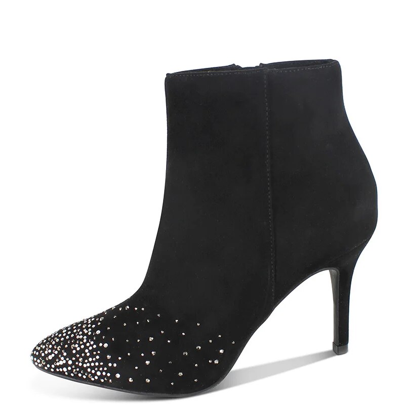 TAAFO Black Crystal Ankle Boots High Thin Heels Woman Pointed Toe Booties Lady Rhinestone Detail Shoes 