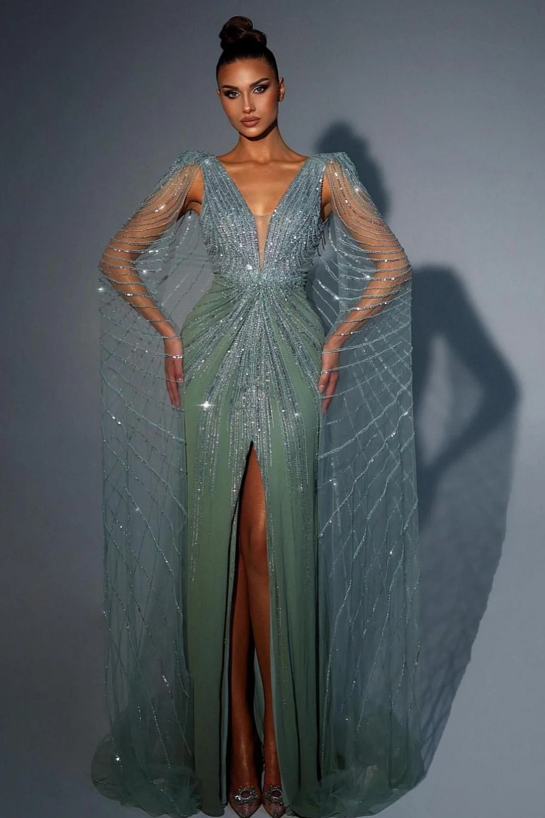 Shiny Sage Beaded Front Slit Mermaid Prom Dress With Tulle Ruffles | Ballbellas Ballbellas