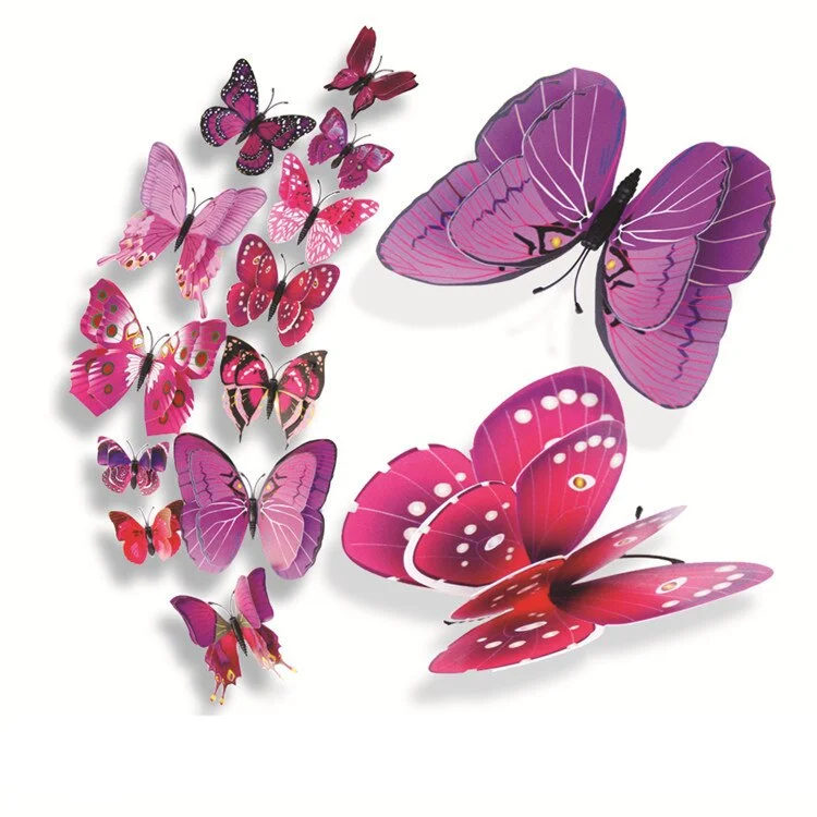 New style 12Pcs Double layer 3D Butterfly Wall Sticker on the wall Home Decor Butterflies for decoration Magnet Fridge stickers