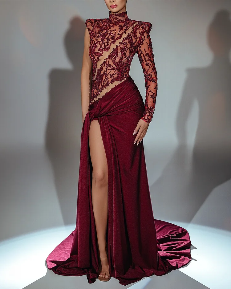 Women's One Shoulder Slit Lace Evening Dress
