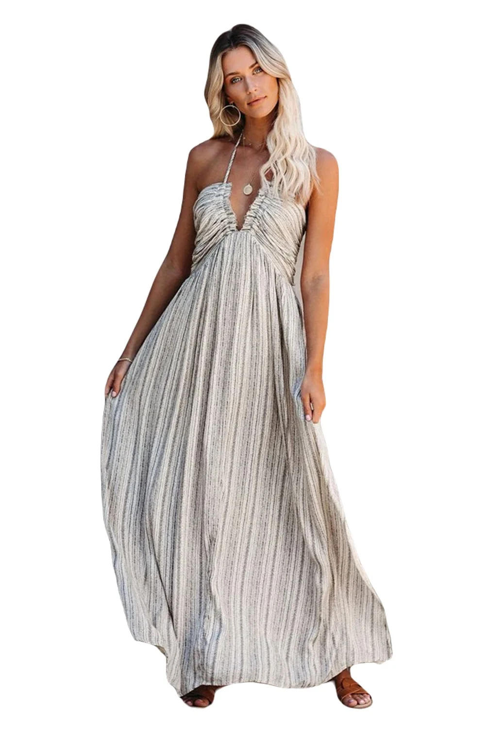 Women White Pocketed Printed Halter Backless Maxi Dress