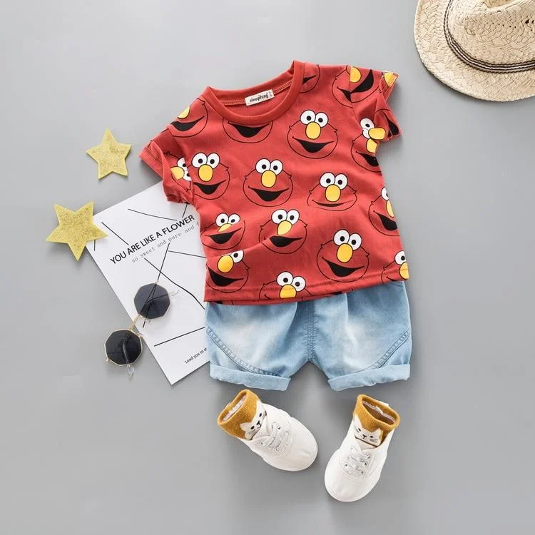 Baby Boy Clothing Set Kids Cute Summer Suit T-Shirt Denim Shorts Cartoon Children Outwear 1 2 3 4 Years Cotton Outfits Khaki Red