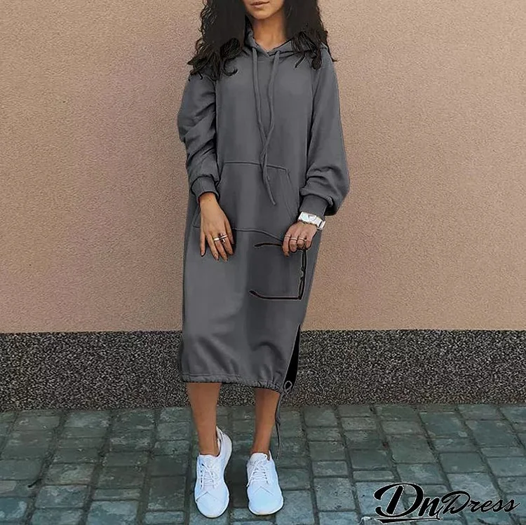 Women Fashion Casual Winter Solid Color Plus Size Hooded Long Sleeve Sweatshirt Dress