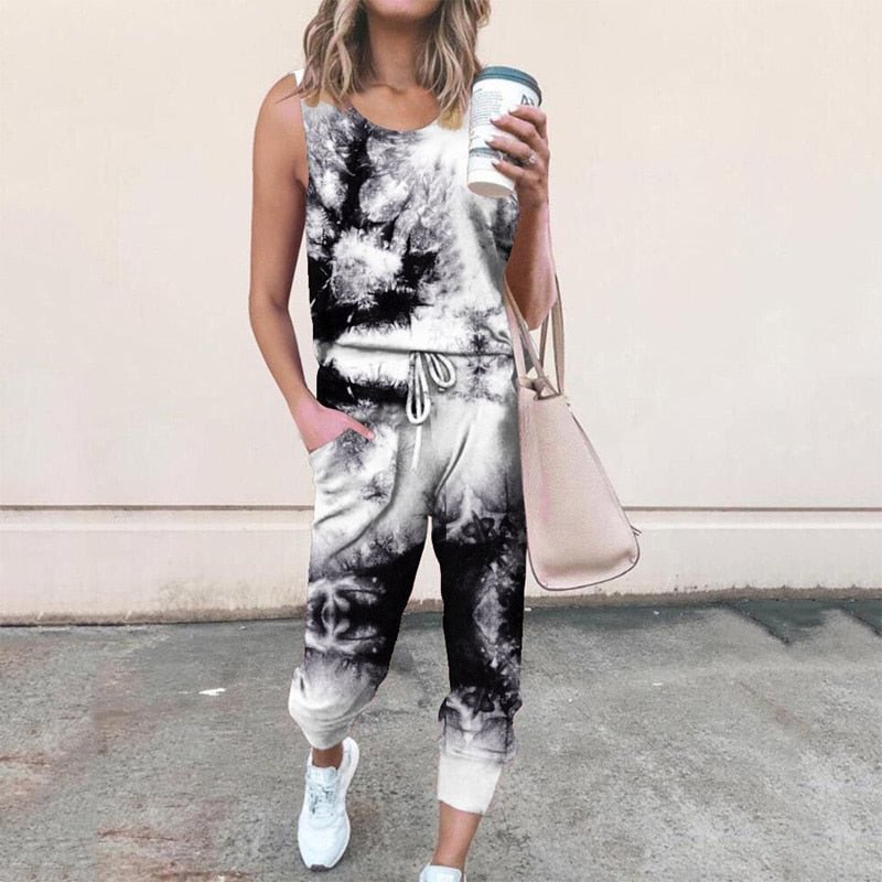 Tie-dye Printed Casual 2 Pieces Set Summer Sleeveless Women Home Wear Suit Fashion Ladies Lounge Wear Clothes Female Outfits