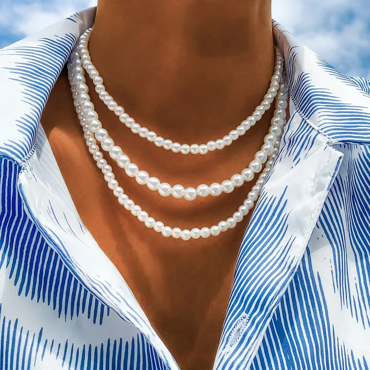 3pcs/set White Imitation Pearls Choker Necklace Men