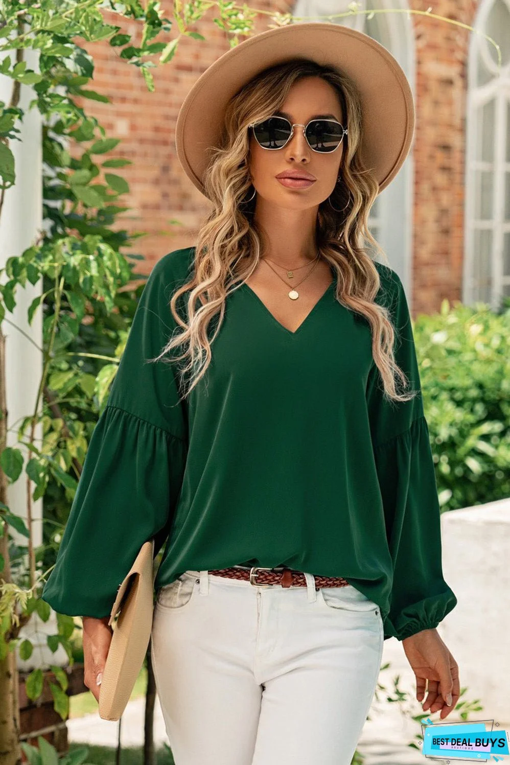 Ruched Notched Balloon Sleeve Blouse