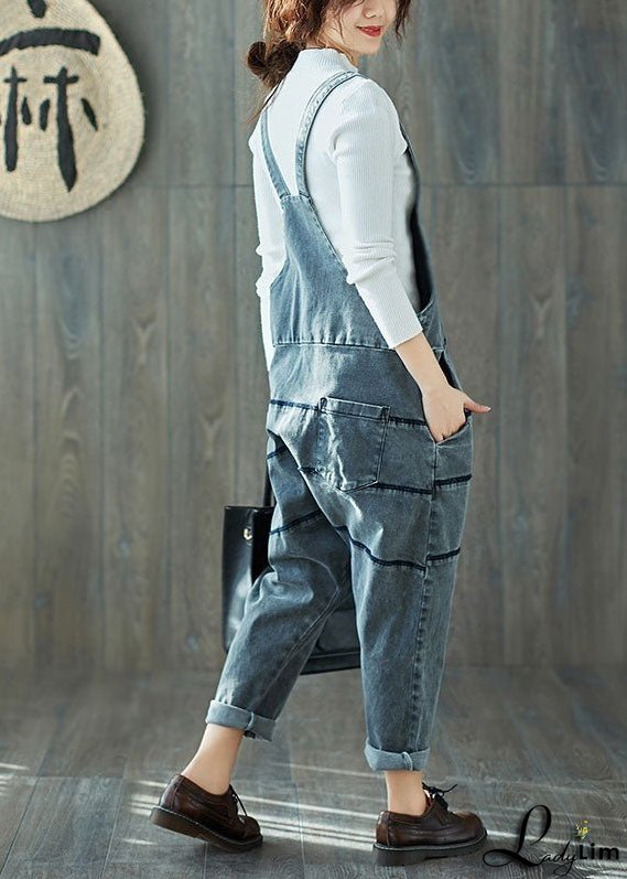 Art Grey Oversized Patchwork Cotton Denim Jumpsuit Spring
