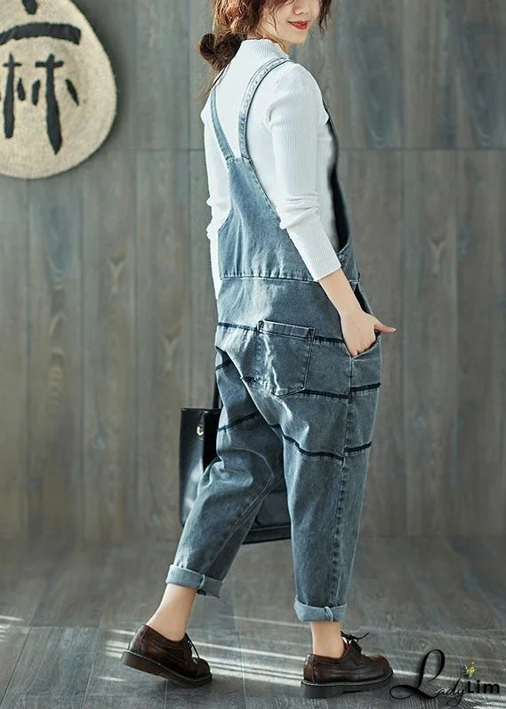 Art Grey Oversized Patchwork Cotton Denim Jumpsuit Spring