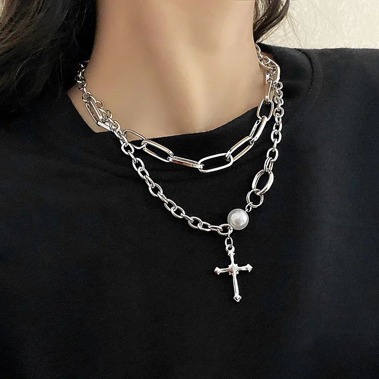 Hip Hop Pearl Drill Cross Pendant Charm Layered Necklace Men Women Jewelry