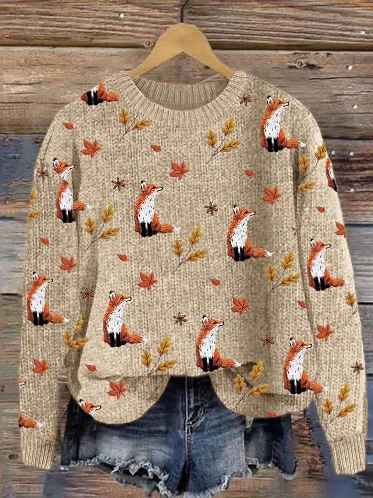 Forest Fox Floral Embroidery Pattern Cozy Knit Sweater