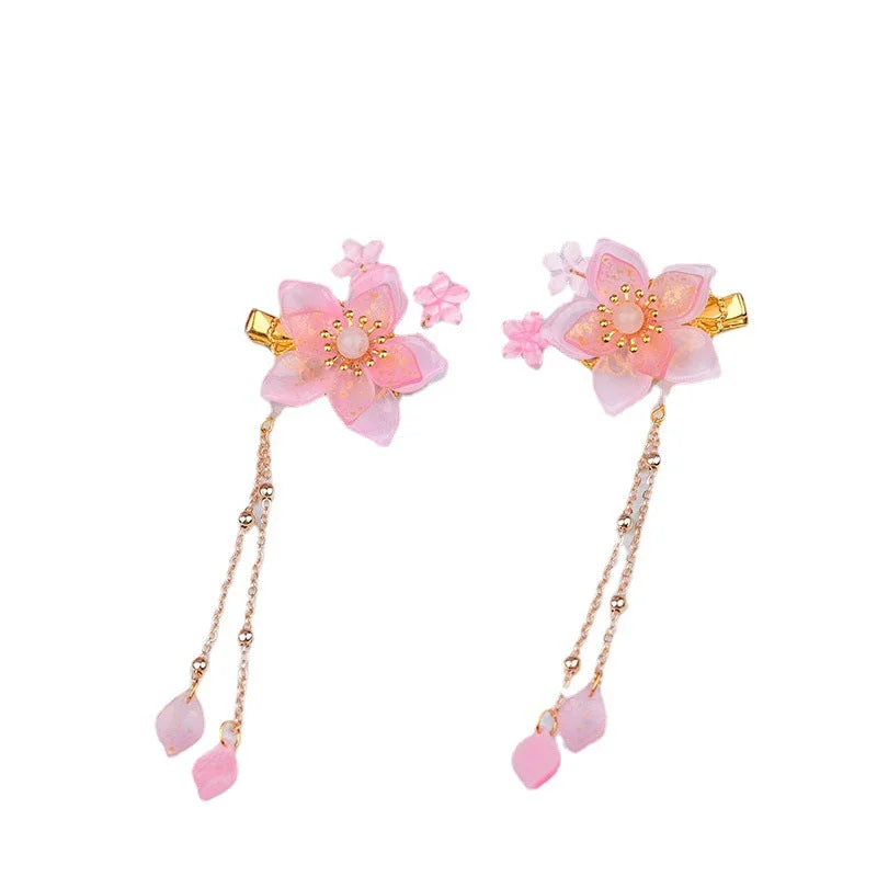 Vintage Cherry Blossoms Pink Flower Chinese Hanfu Hair Clips