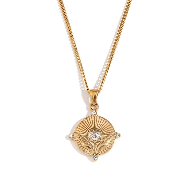 Casual IG Style Geometric Sun Gesture Titanium Steel Zircon 18K Gold Plated Inlay Pendant Necklace