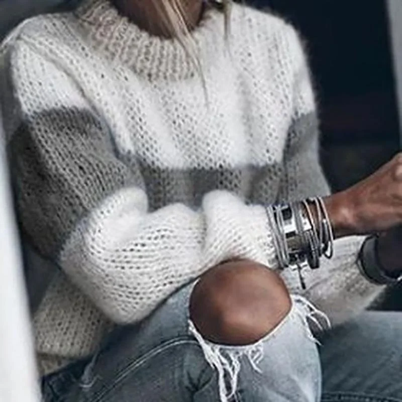 Mohair Round Neck Pullover Knitted Sweater In Autumn and Winter