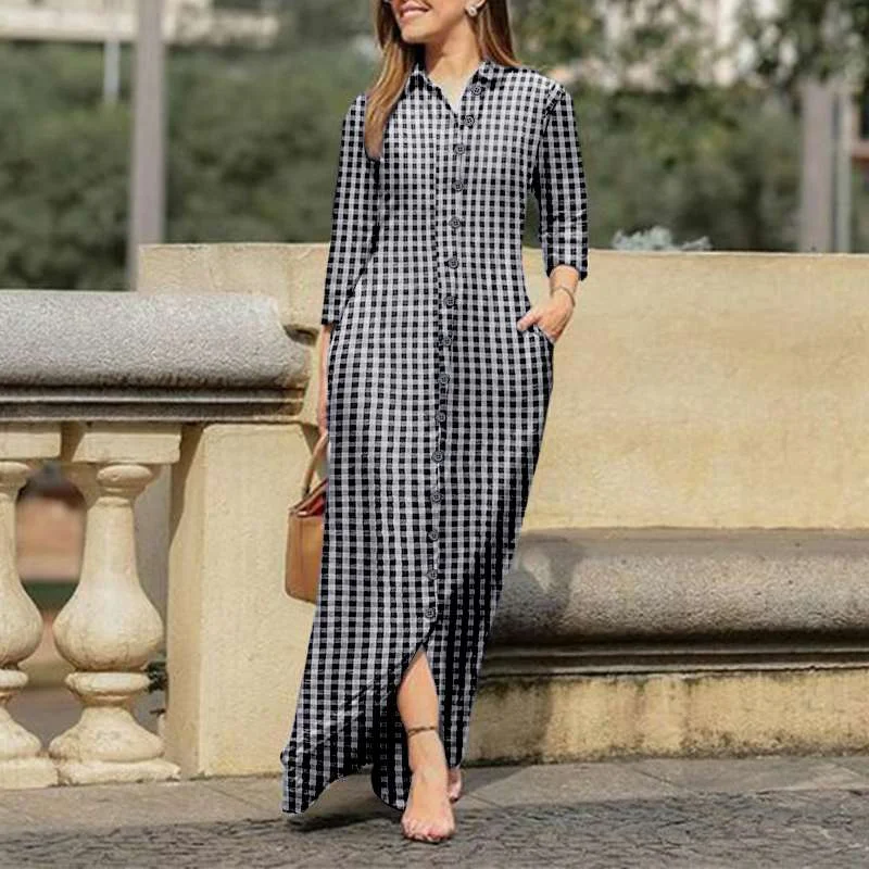 VONDA Women Long Sleeve Long Maxi Dress Summer Vintage Checked Plaid Turn Down Neck Shirt Dresses Button Up Party Vestidos Robe
