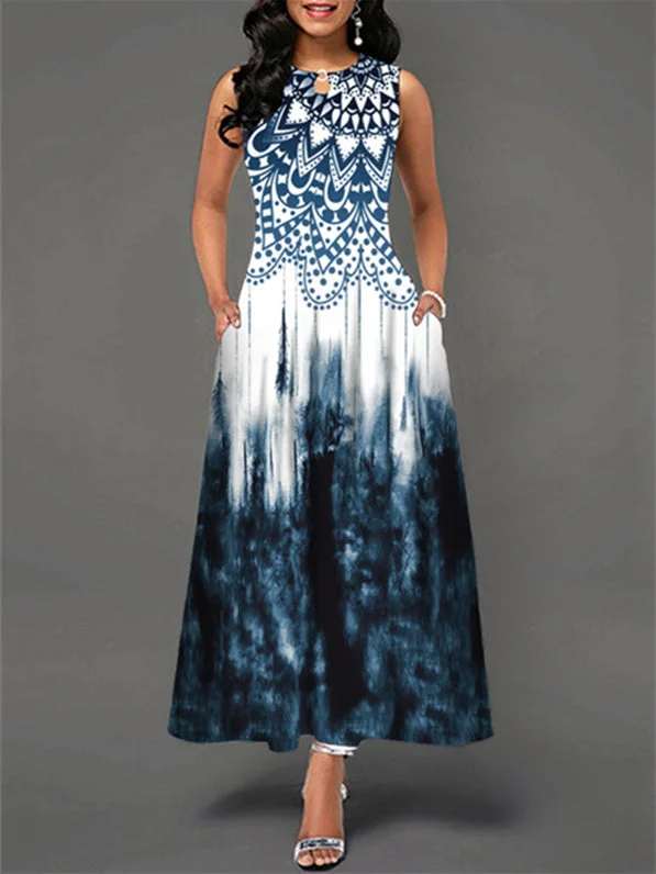 Women's Sleeveless Scoop Neck Graphic Printed Midi Dress