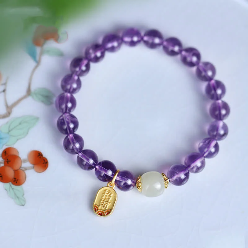 Natural Amethyst Crystal Hetian Jade Healing Charm Bracelet