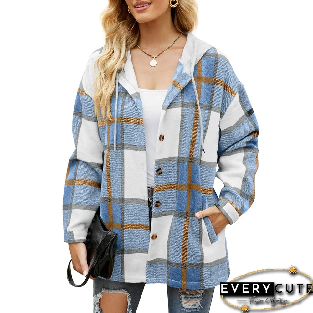 Light Blue Woolen Plaid Print Hooded Coat with Pocket