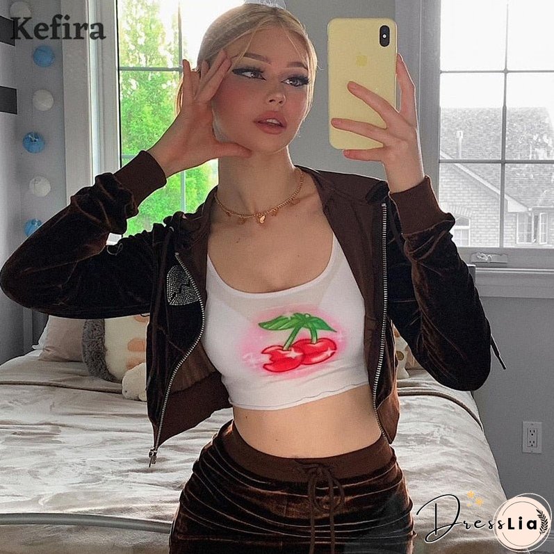 Christmas Gift Kefira Autumn Winter Sweet Velvet Diamond Heart Hoodies Women Hooded Jackets Zip Up Long Sleeve Cropped Top Sweatshirts