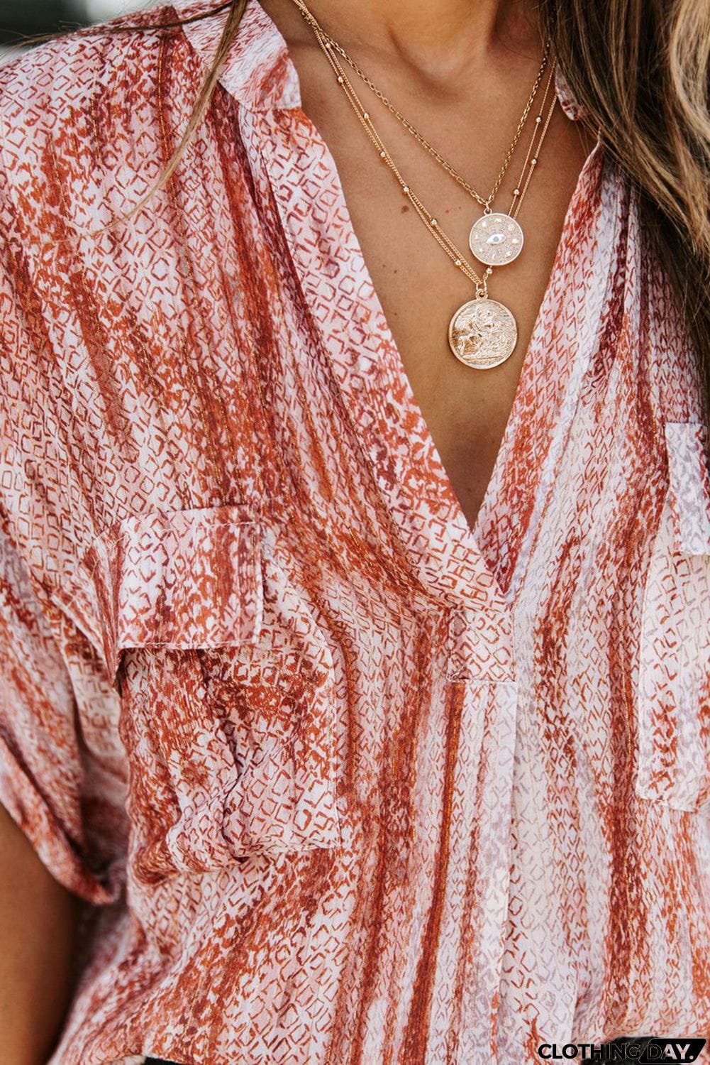 Printed Pocket Short Sleeve Blouse